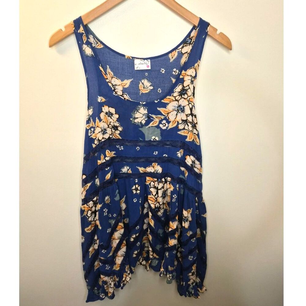Free People Blue Floral Boho Tunic Dress Lace Flowy XS Festival Asymmetrical Hem